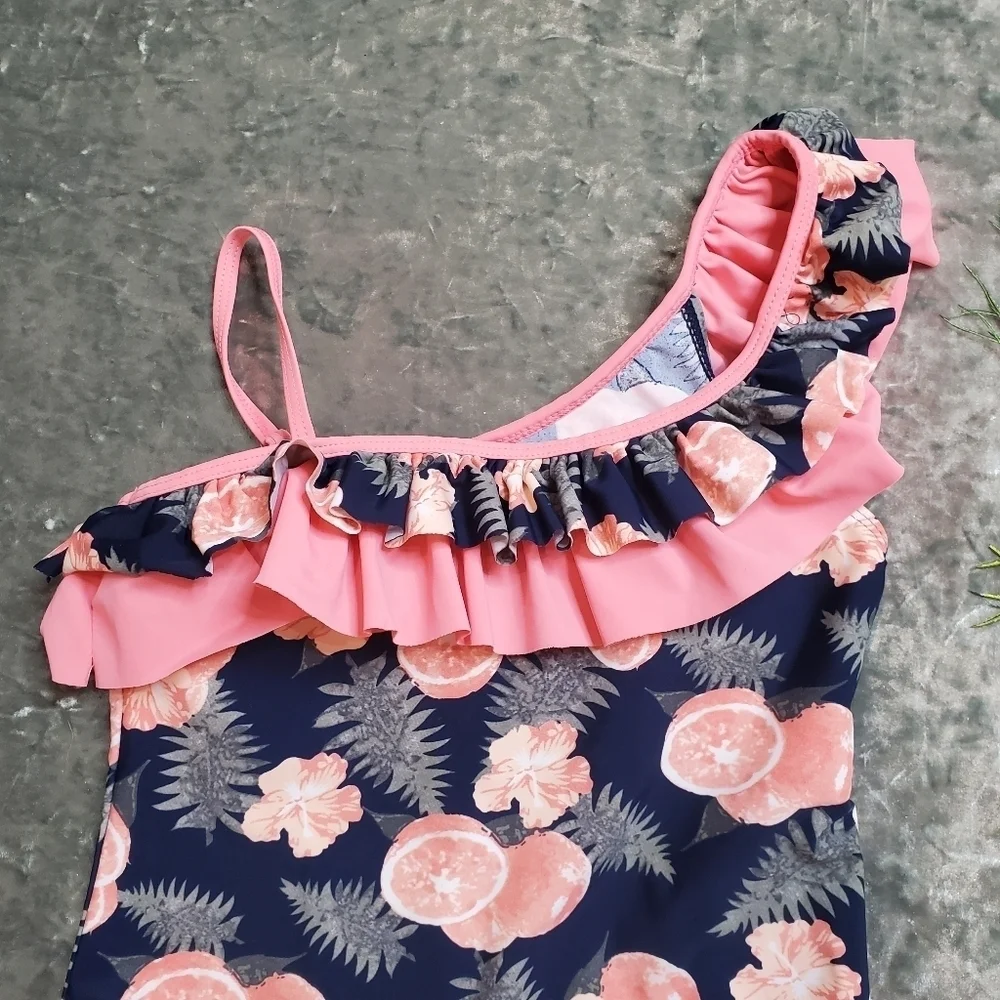 Kalawalk Girls Lemon Double Ruffle‎ One Shoulder Swimsuit